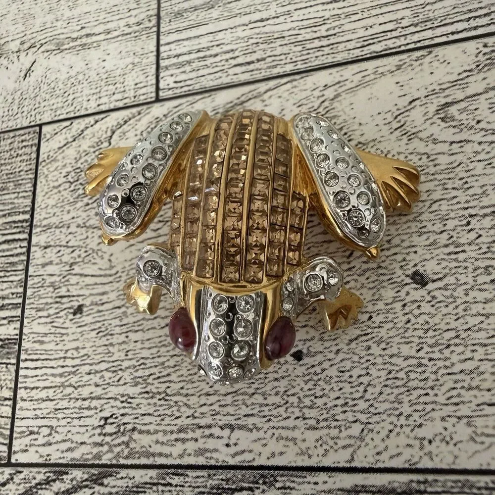 Vintage Two-Tone Frog Pin Brooch Pavé Rhinestone Red Cabochon Eyes Figural